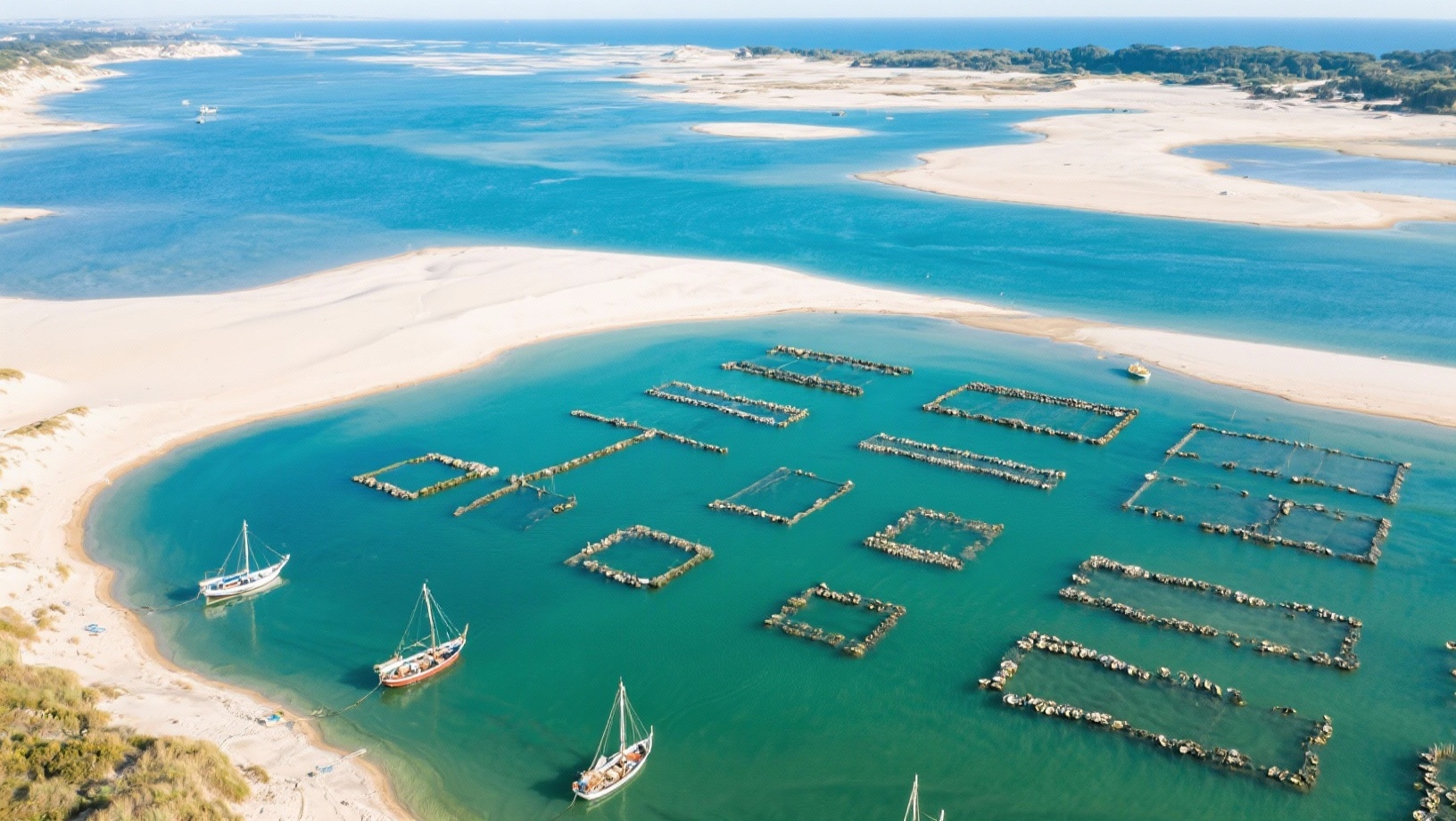 Vue aérienne du Bassin d&rsquo;Arcachon avec les parcs à huîtres