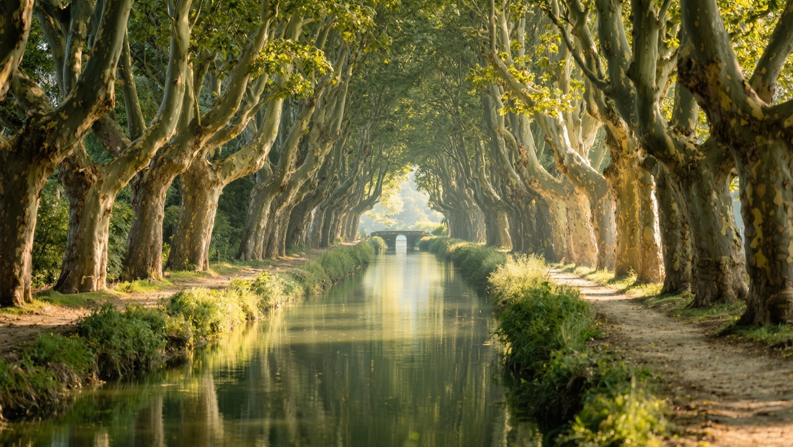 Voûte de platanes centenaires sur le canal du Midi