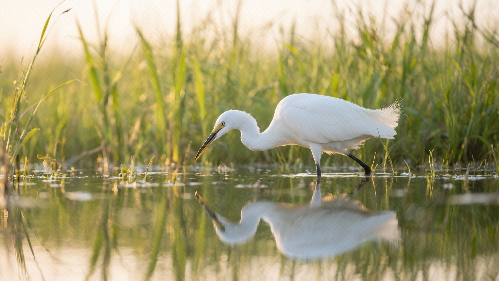 Aigrette garzette chassant dans les prés salés du Bassin