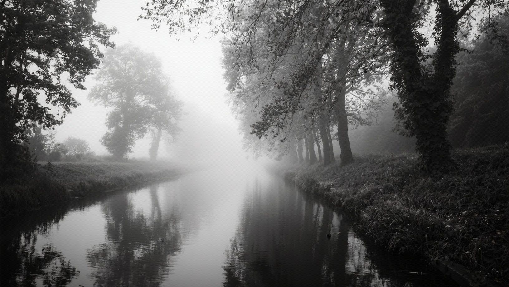 Paysage en noir et blanc montrant les textures d&rsquo;un chemin de halage