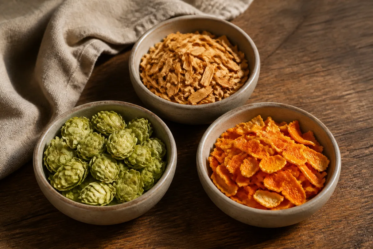 Cônes de houblon séchés et copeaux de cèdre dans des coupelles en céramique sur une table en bois