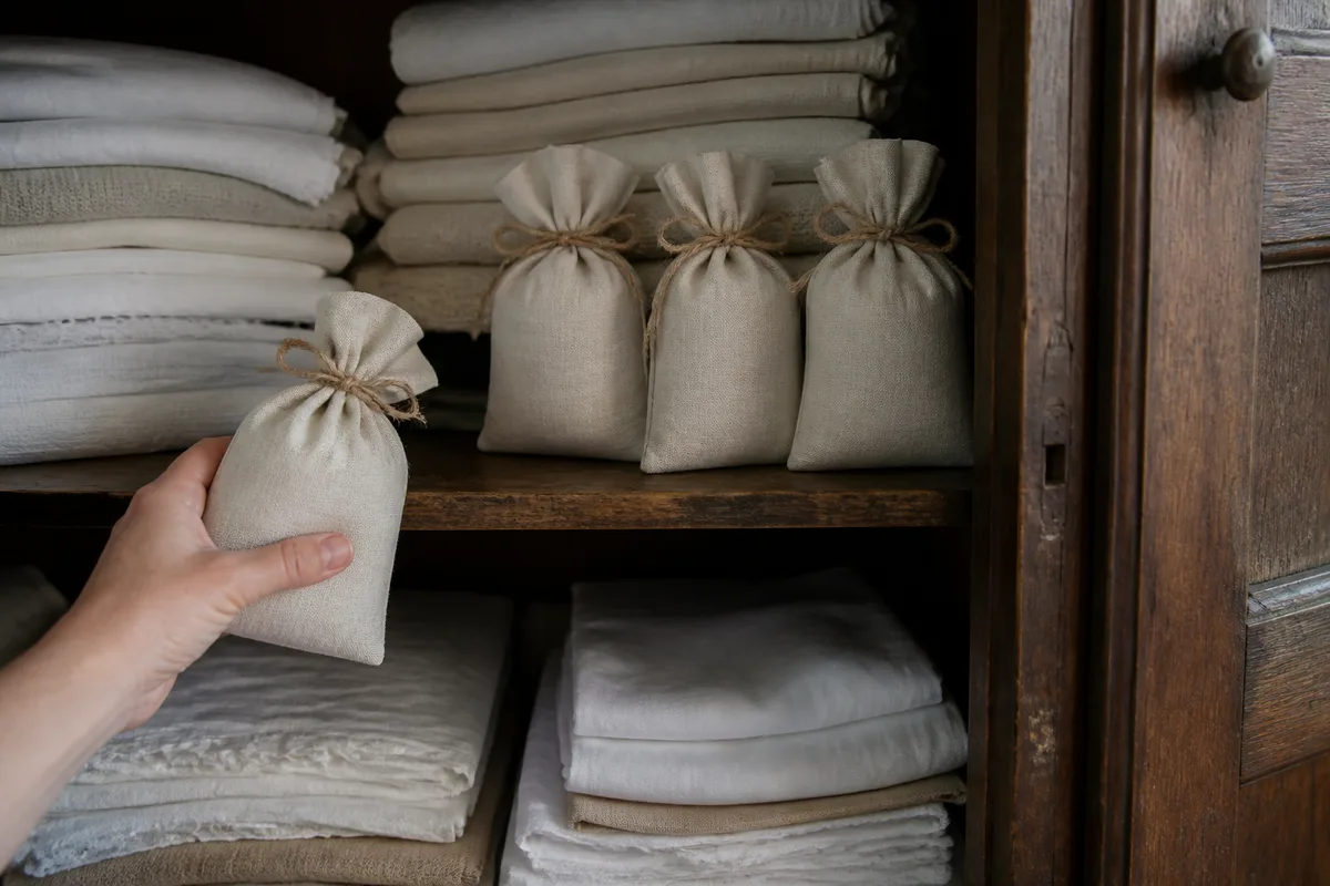 Sachets de tissu en lin remplis de plantes séchées rangés dans une armoire en bois