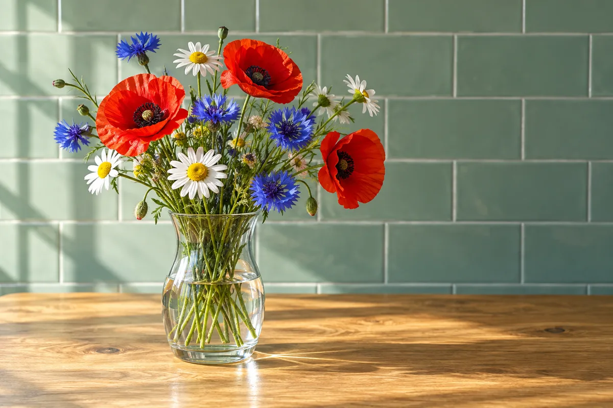 Bouquet de fleurs des champs dans un vase en verre sur une table en chêne, un détail du jour qui mérite une ligne
