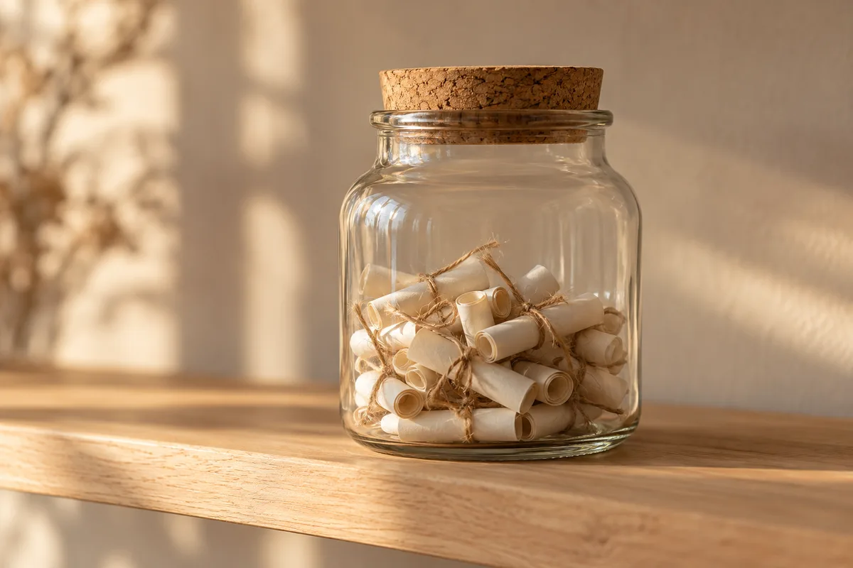 Bocal en verre rempli de petits rouleaux de papier crème noués de lin, posé sur une étagère en bois clair