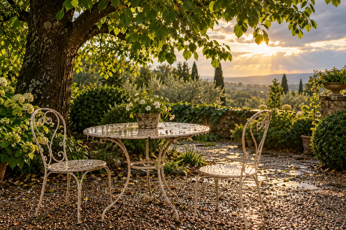 Table de jardin en fer forgé et deux chaises sous un tilleul après une averse, image d&rsquo;une reprise en douceur