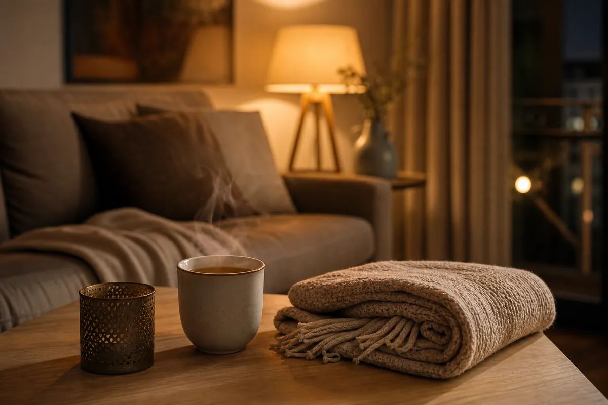 Ambiance calme du soir avec une tasse de tisane et une lumière tamisée