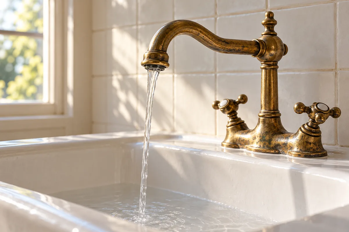 Robinet ancien en laiton d&rsquo;où s&rsquo;écoule un filet d&rsquo;eau claire dans un évier en grès