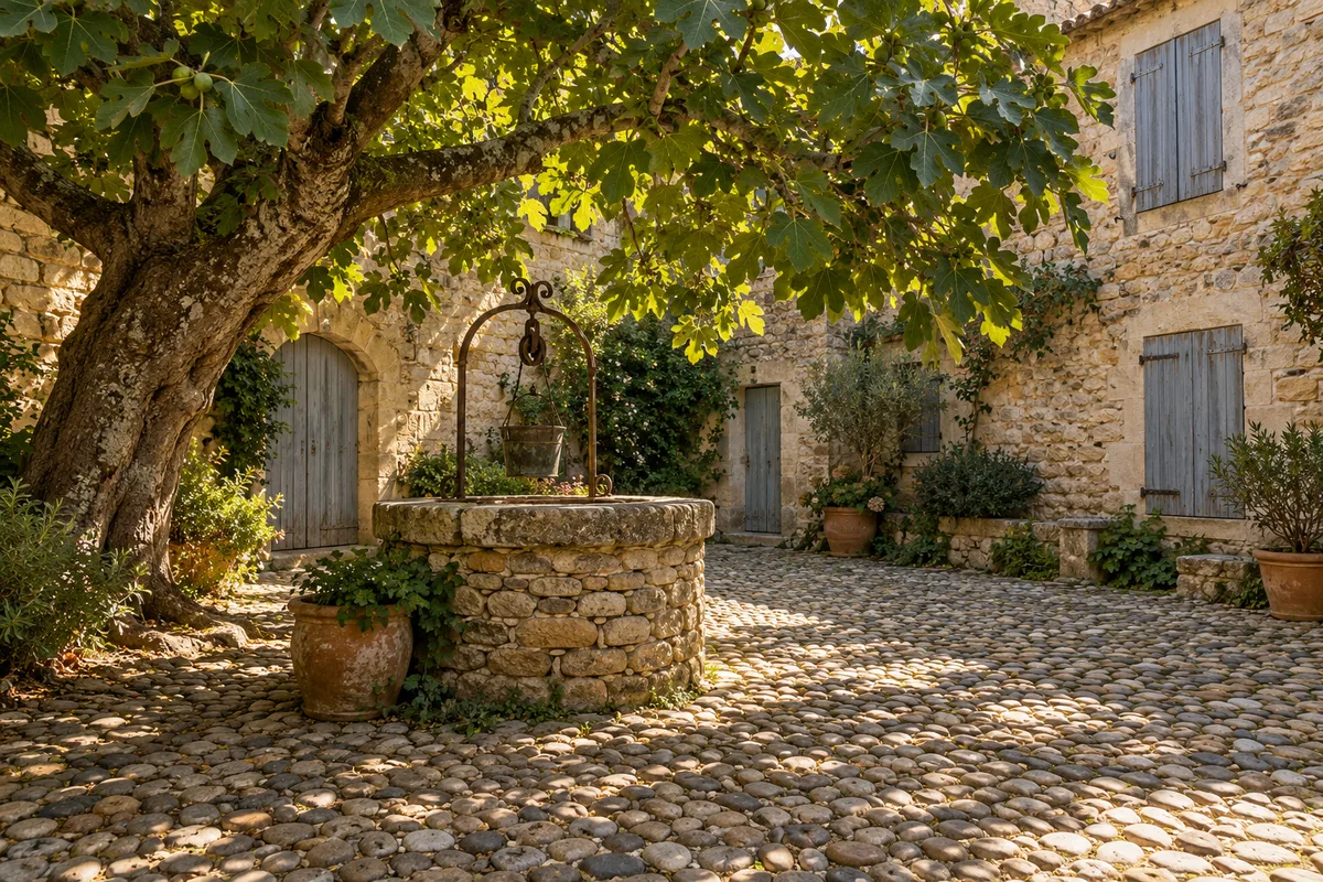 Cour de mas pavée de galets autour d&rsquo;un puits en pierre sèche, à l&rsquo;ombre d&rsquo;un figuier