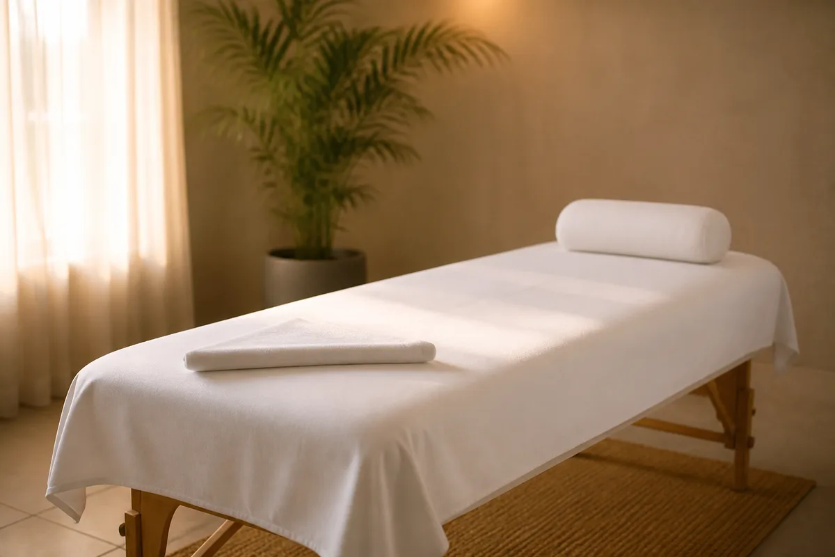 Table de massage préparée avec des draps clairs dans une pièce calme et tamisée