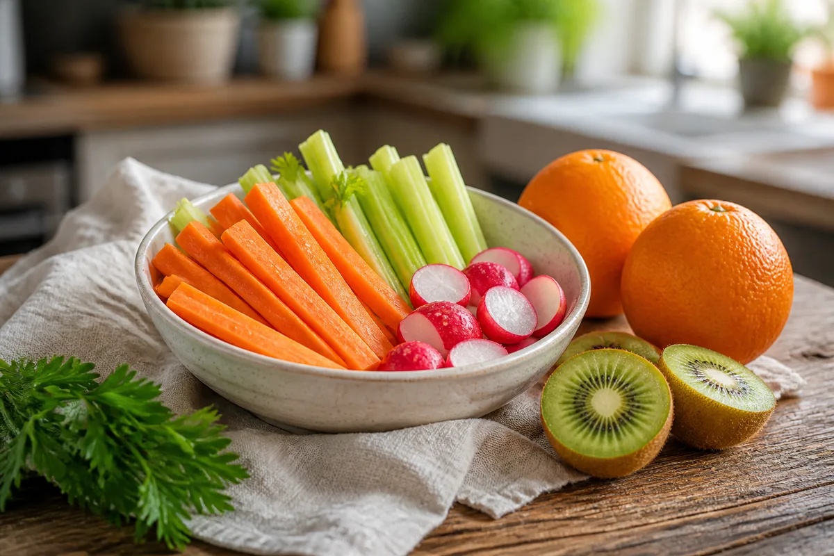 Assiette de légumes croquants et agrumes entiers sur une table en bois brut