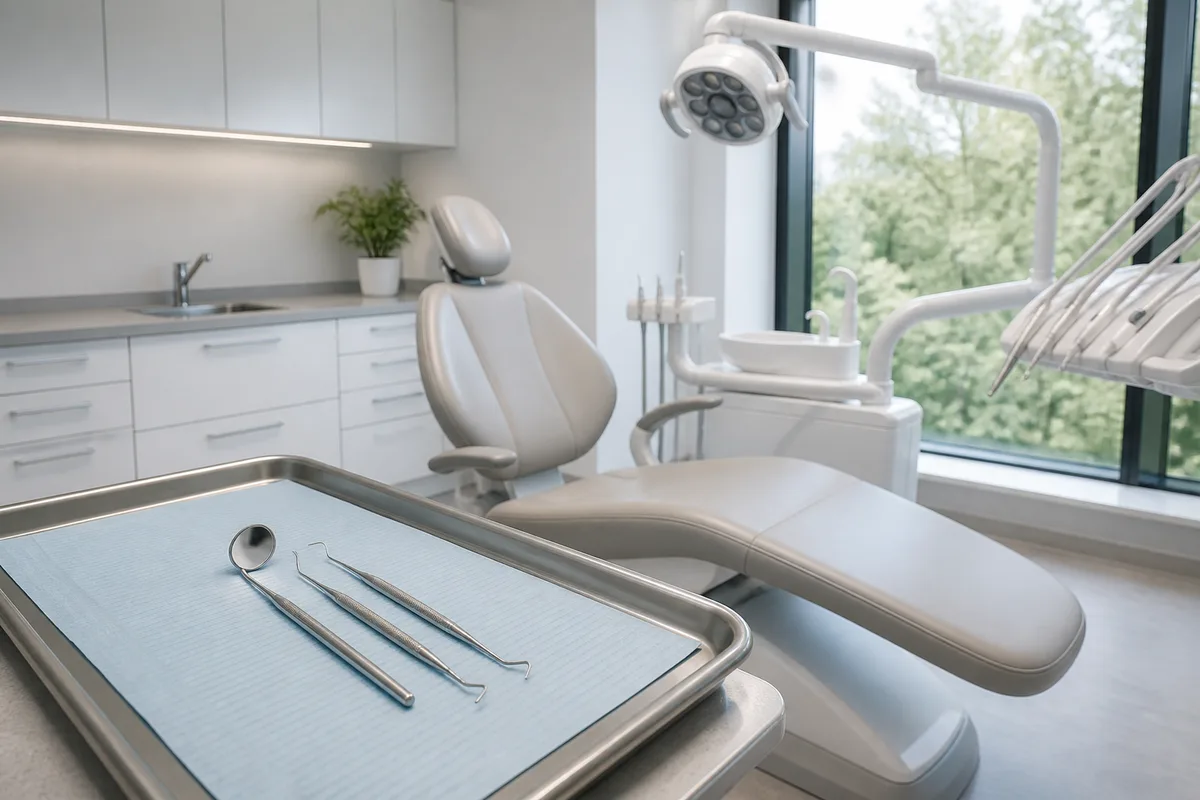 Fauteuil de cabinet dentaire et instruments posés sur un plateau métallique