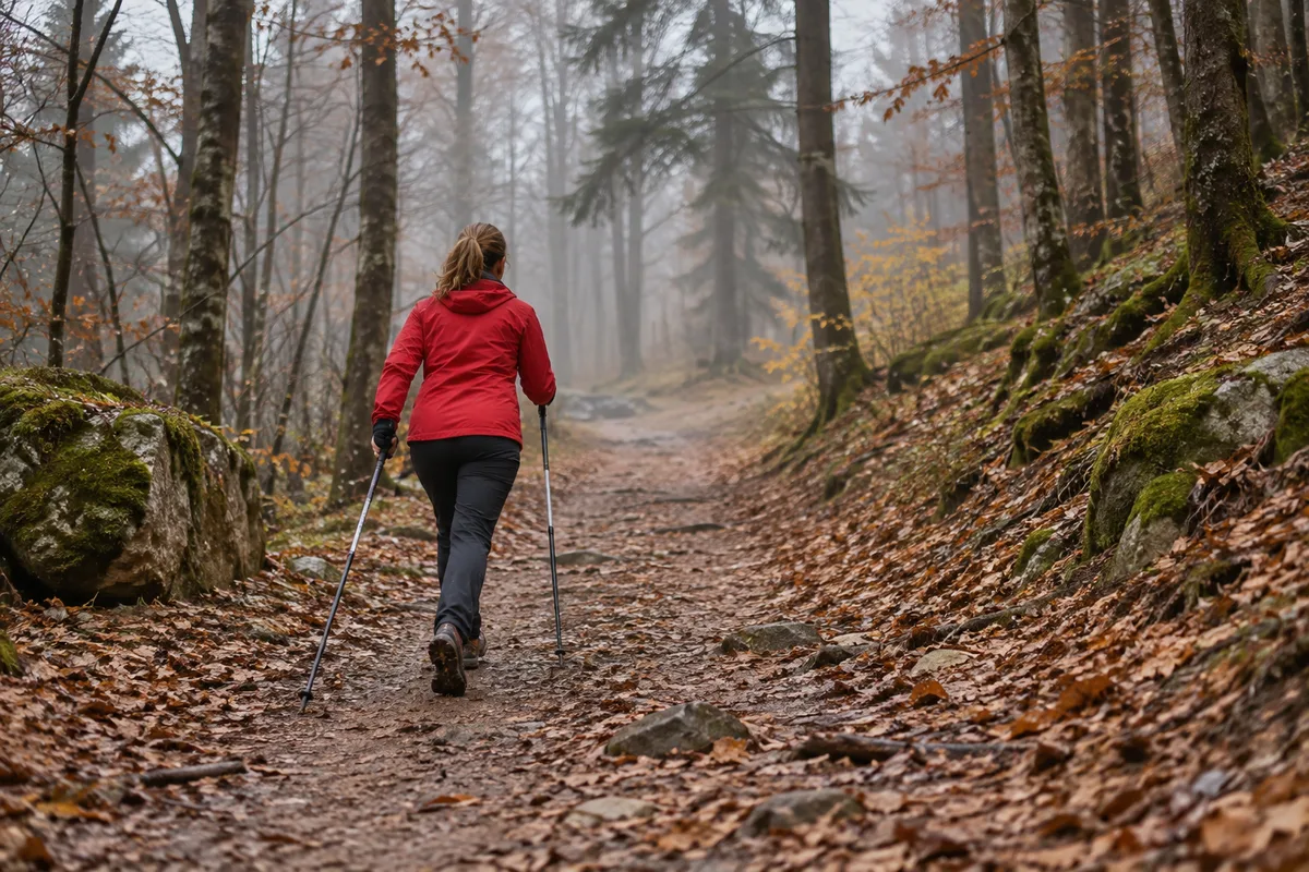 Marcheuse vue de dos en veste rouge poussant sur ses bâtons de marche nordique sur un sentier forestier