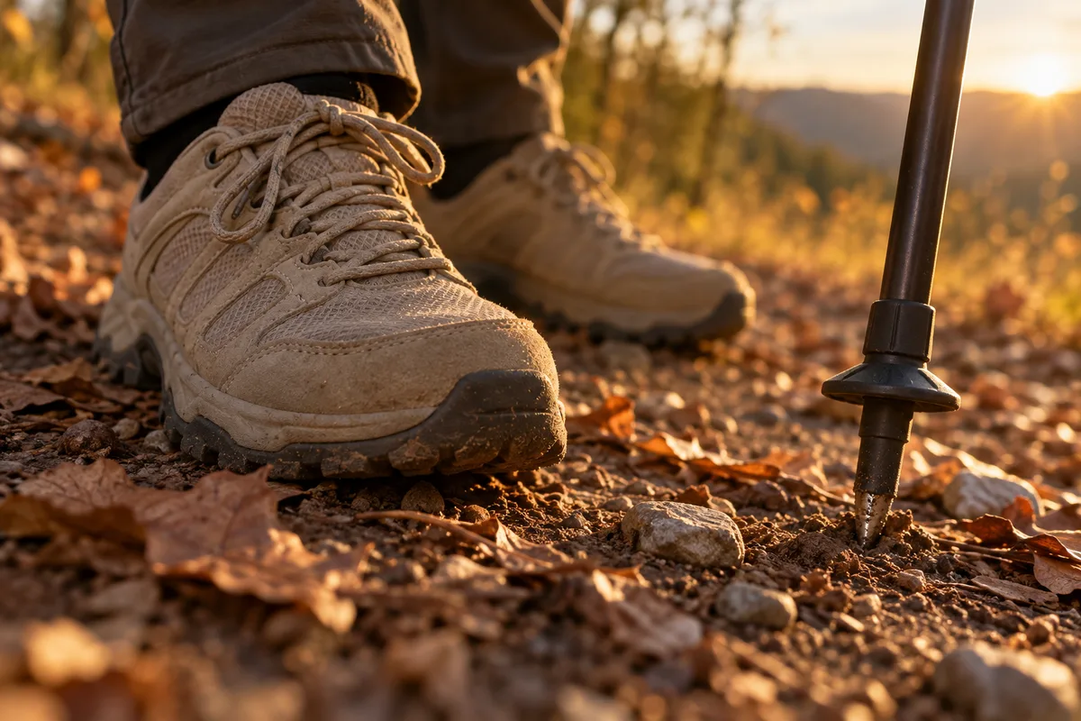 Gros plan sur des chaussures de marche beiges et la pointe d&rsquo;un bâton posée sur un sol de terre et de feuilles