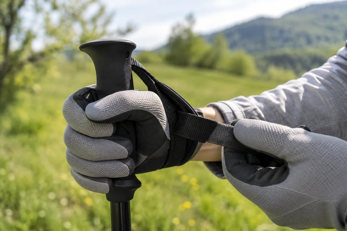 Mains gantées ajustant la dragonne d&rsquo;un bâton de marche nordique devant une prairie