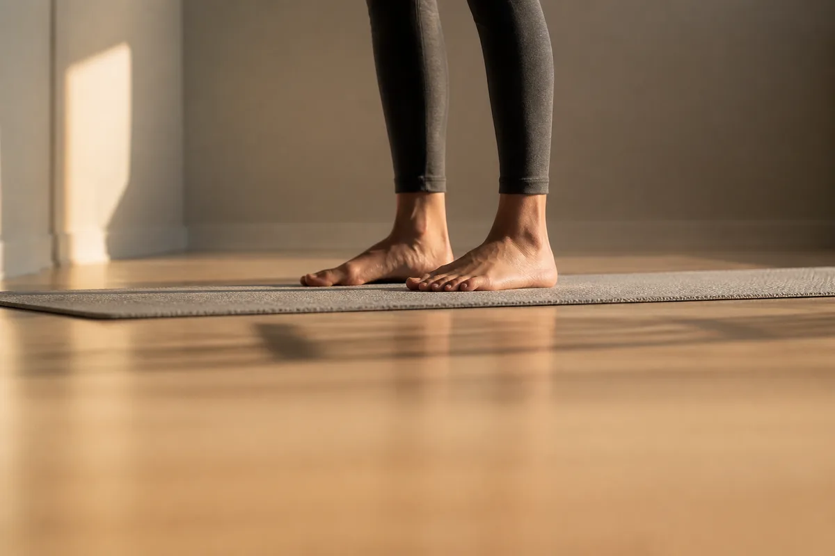 Pieds nus et bas des jambes en appui sur un tapis de sol, cadrage au ras du parquet clair