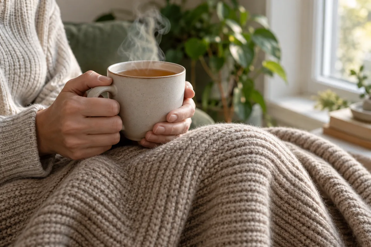 Mains tenant une tasse d’infusion chaude près d’une fenêtre, plaid en laine beige