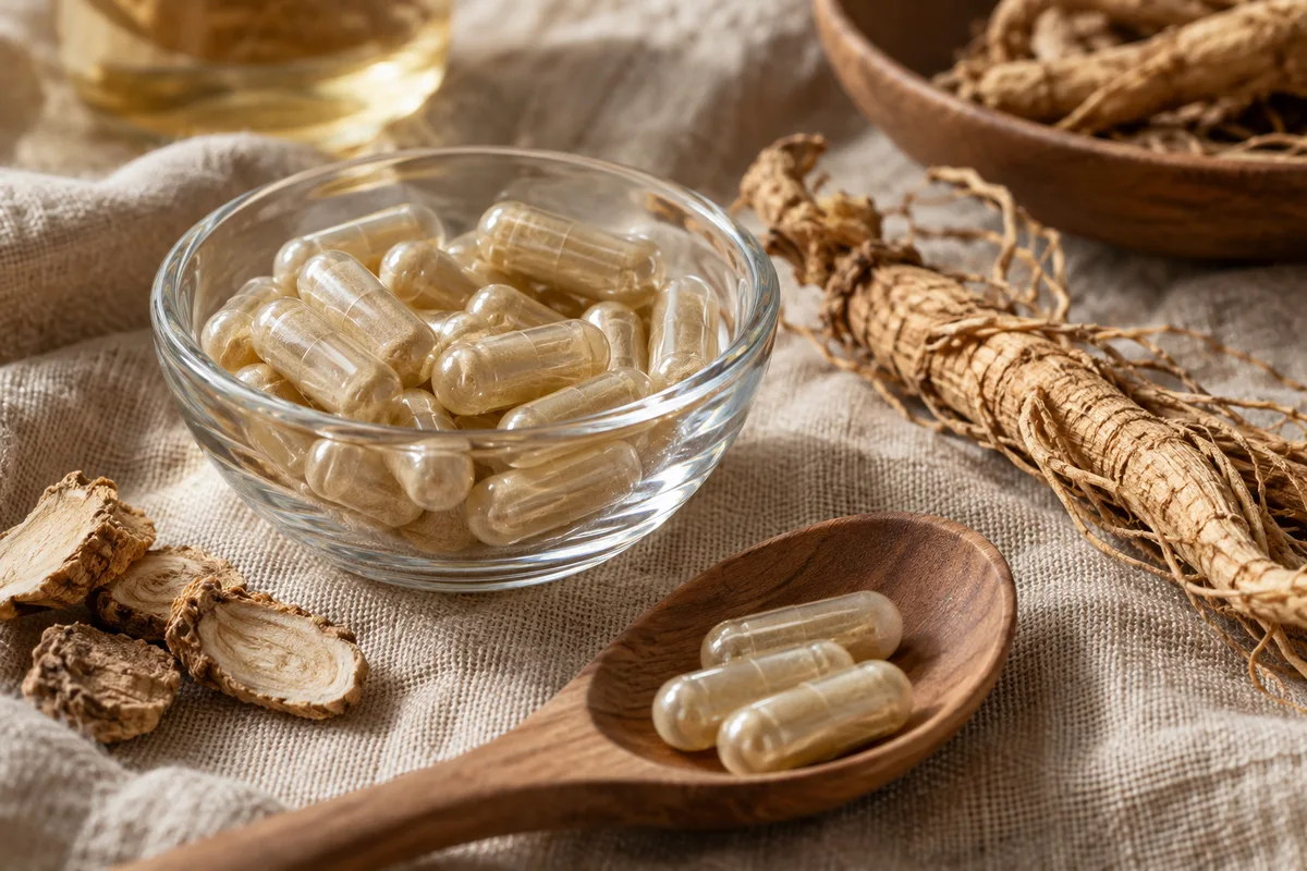 Gélules translucides beige versées dans une coupelle en verre à côté de racines séchées