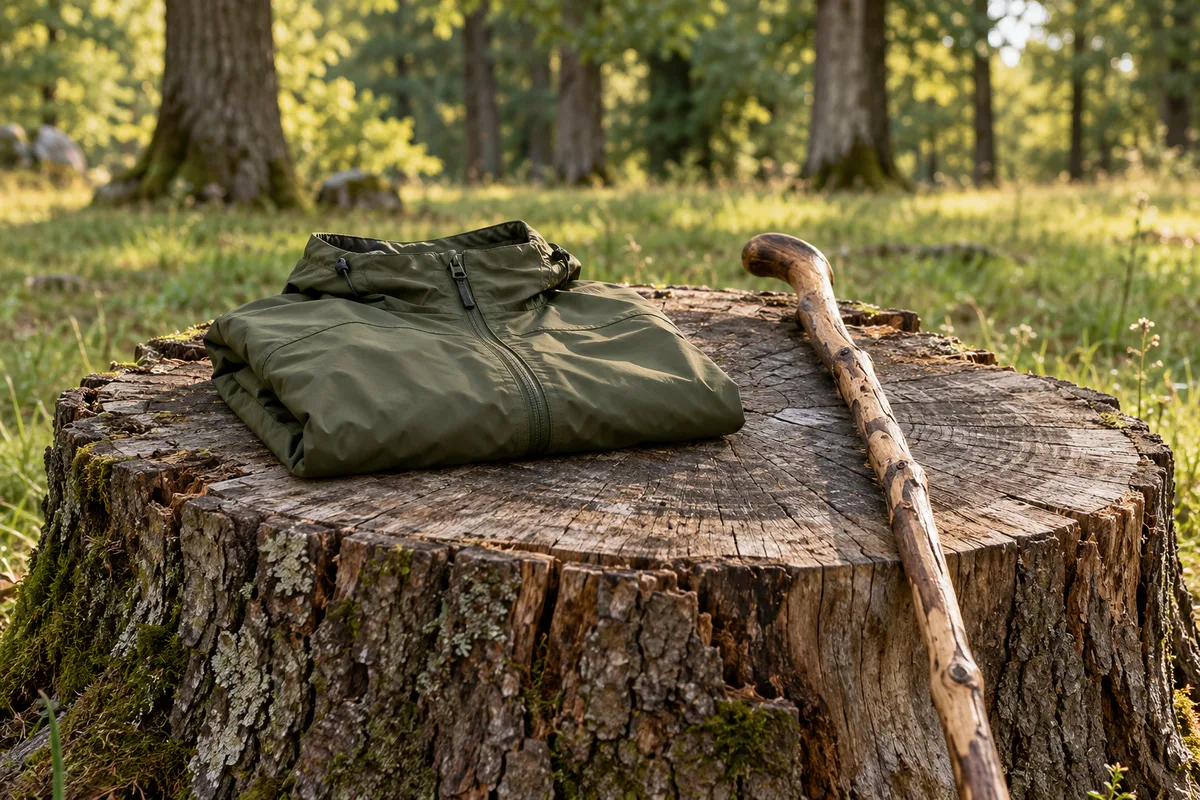 Veste coupe-vent vert olive pliée et bâton de marche en bois posés sur une souche de chêne en lisière de forêt