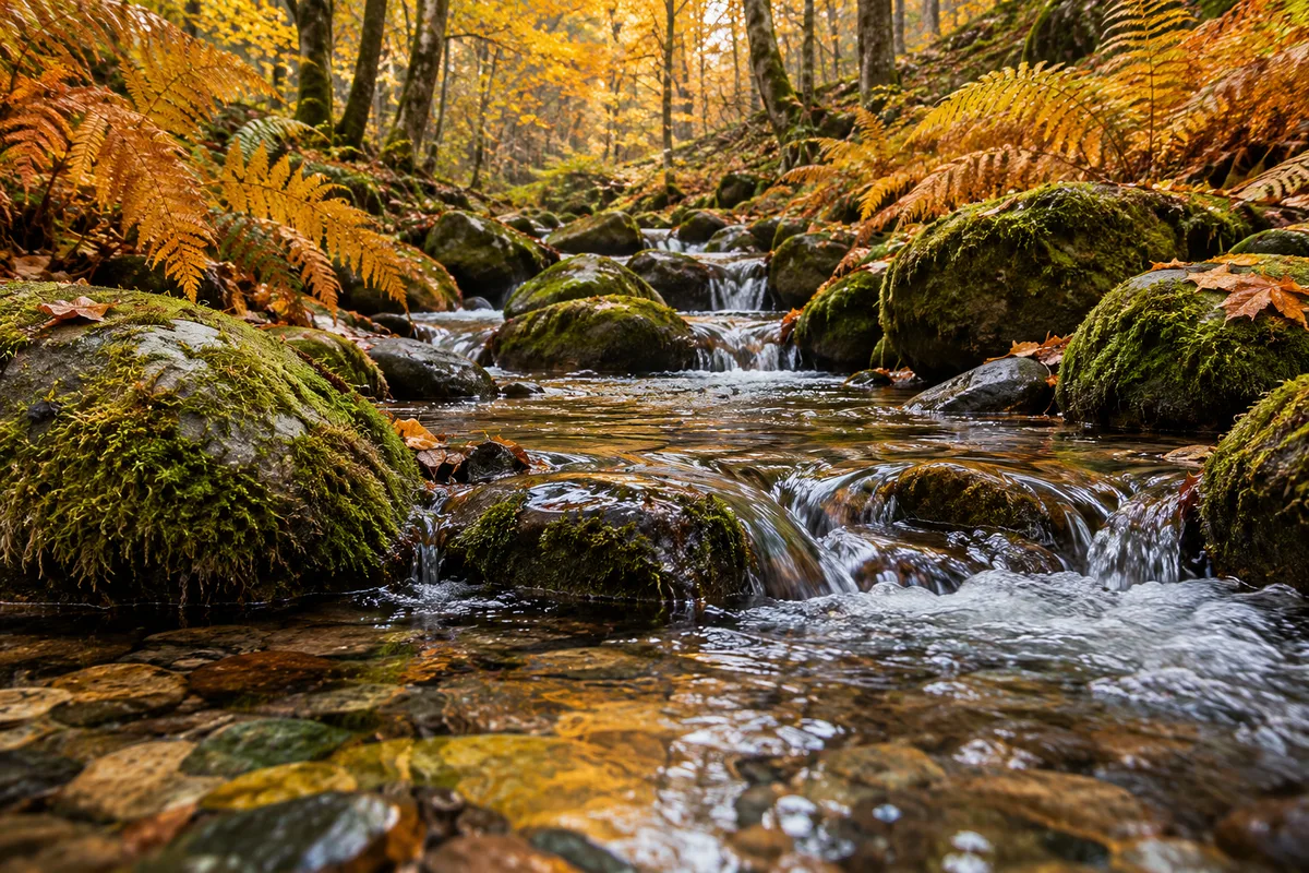 Ruisseau clair entre des pierres couvertes de mousse et des fougères dans un sous-bois d’automne