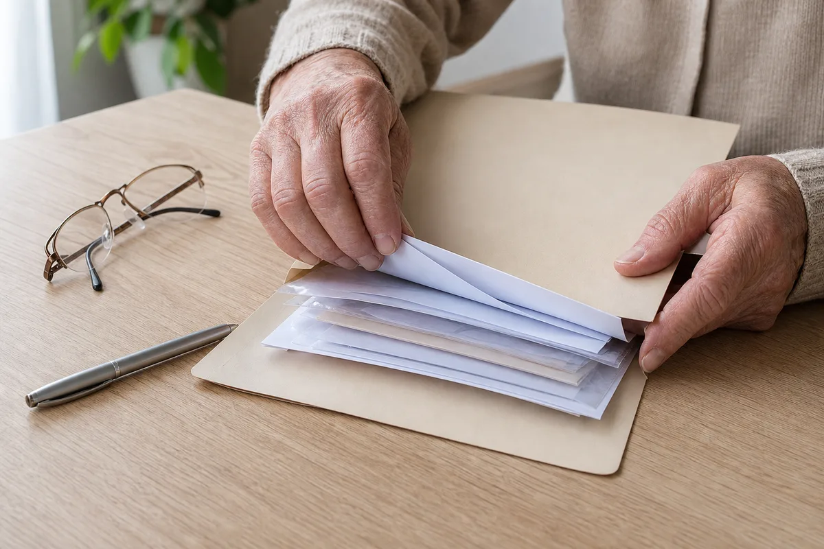 Mains d&rsquo;une personne âgée classant des documents personnels dans un dossier à la lumière du jour