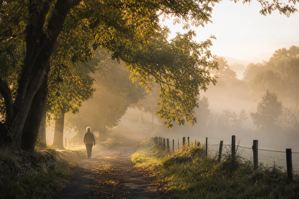 Silhouette d&rsquo;une femme senior marchant d&rsquo;un bon pas sur un sentier arboré au matin