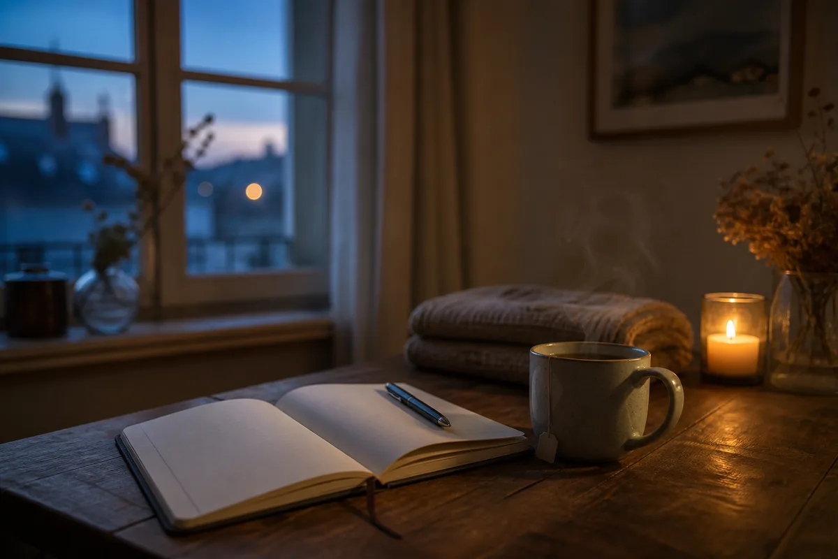 Tasse de tisane fumante et carnet ouvert sur une table en bois près d&rsquo;une fenêtre au crépuscule