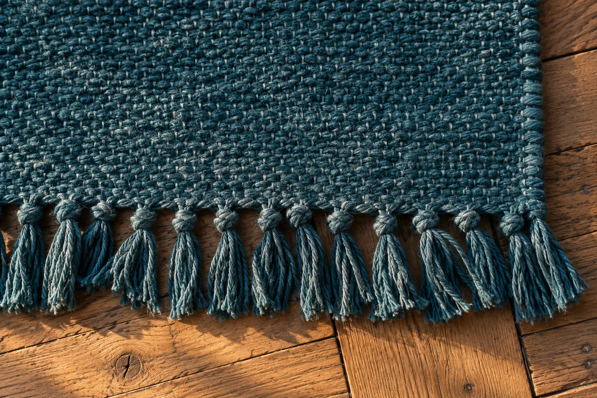 Gros plan sur la trame d&rsquo;un tapis en coton tissé bleu canard et sa frange nouée posée sur un parquet ancien