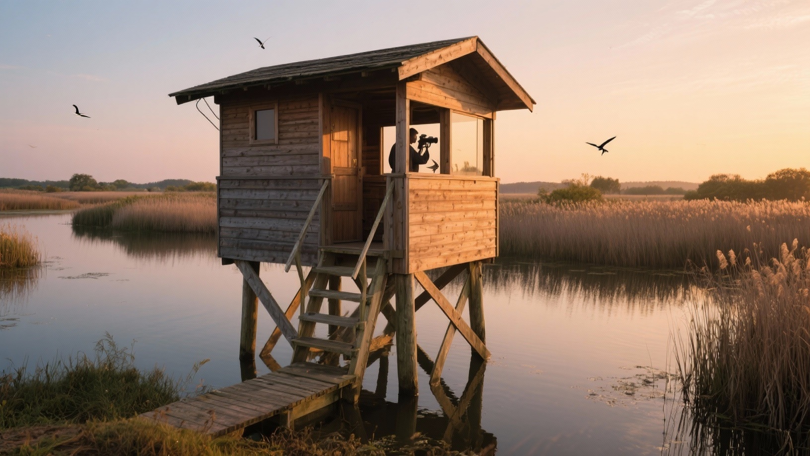 Observatoire sur pilotis de la Réserve du Teich au coucher du soleil