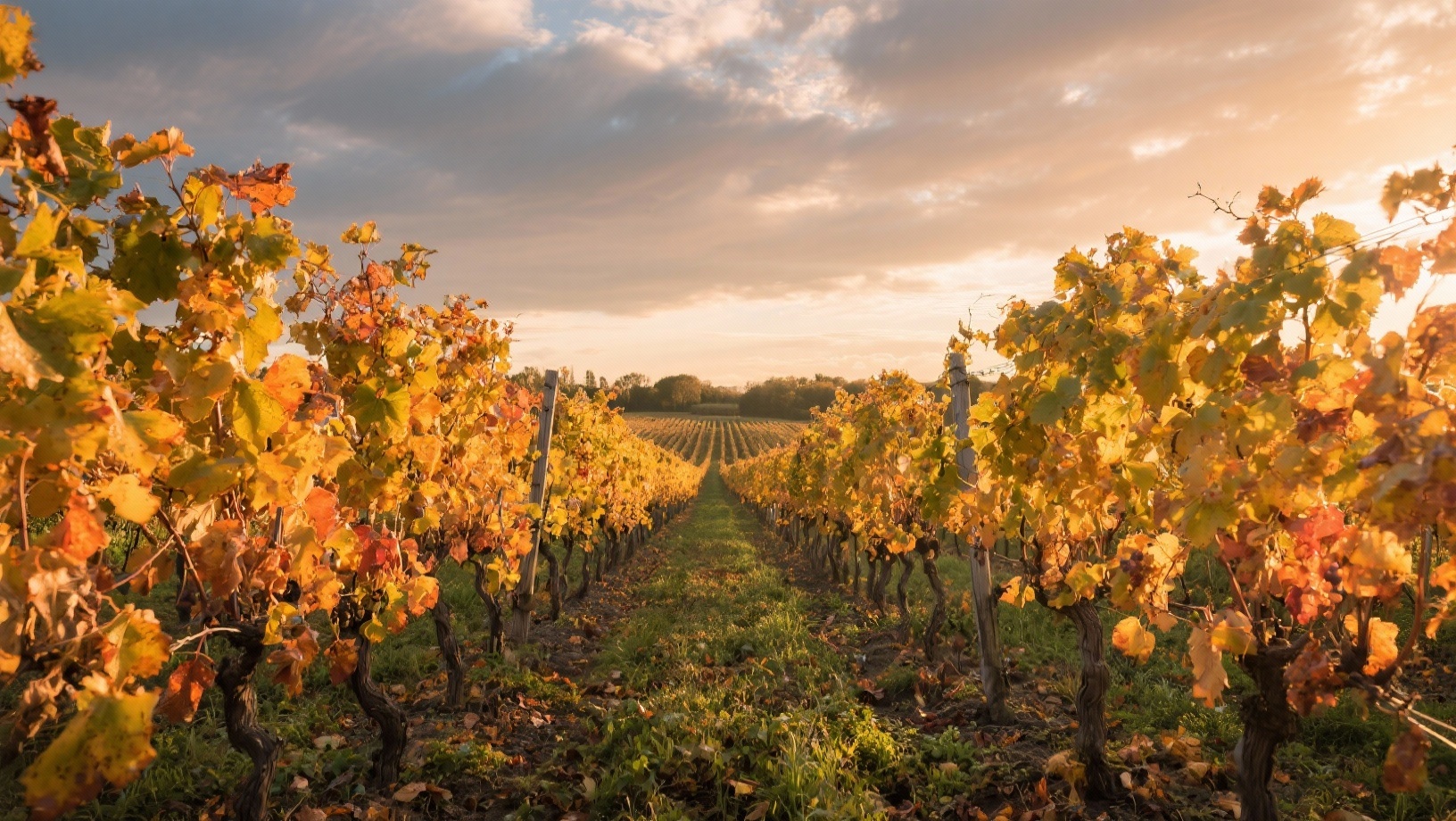 Vignobles bordelais aux couleurs d&rsquo;automne, rangs de vigne jaunes et orangés